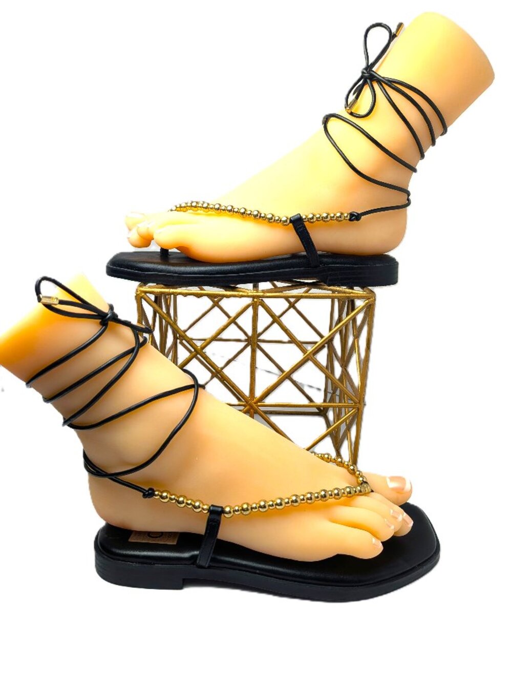 NWOB Dolce Vita Black Gold Beaded Ankle Wrap Sandals Size 6.5
